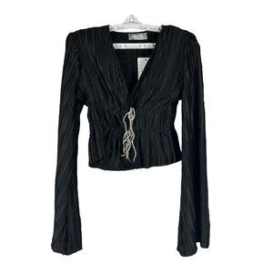 Blue b. Black Long Sleeve Pleated Top Rhinestone Drawstring Detail Size S